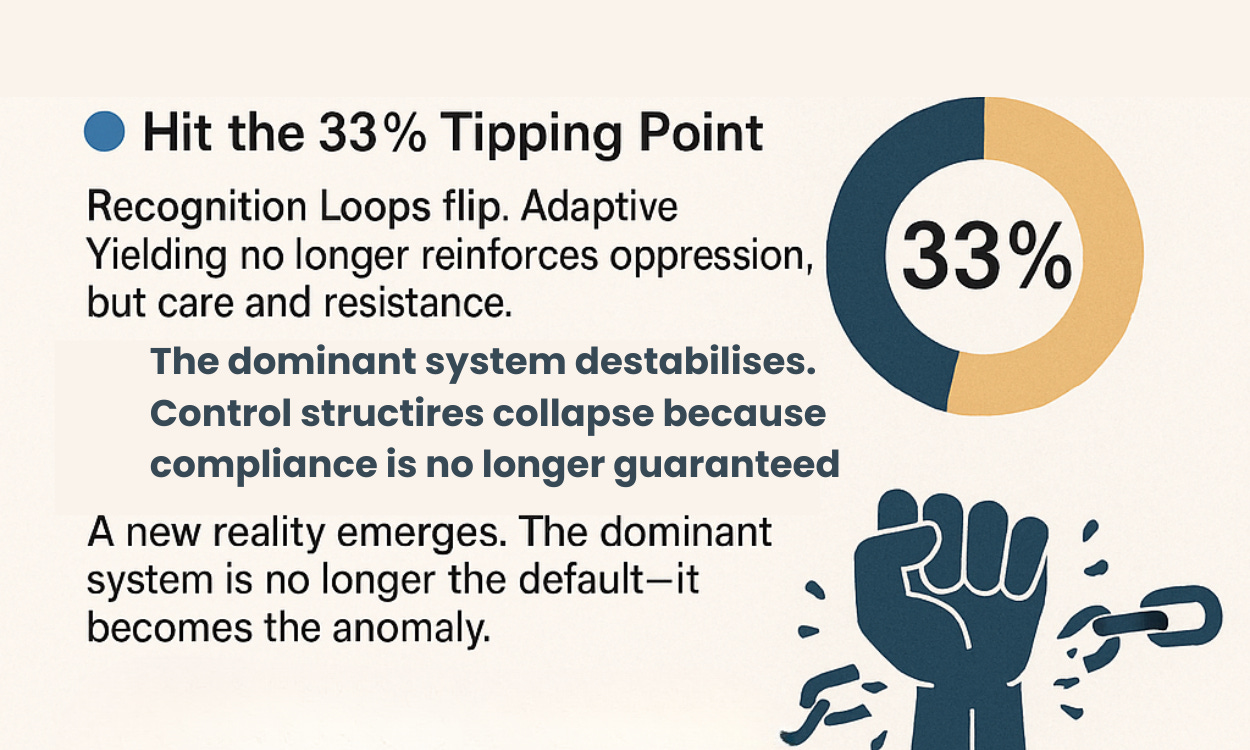 Infographic titled “Hit the 33% Tipping Point” on a light background. A donut chart labeled “33%” sits on the right; on the left, text explains that when 33% align, Recognition Loops flip and Adaptive Yielding stops reinforcing oppression. Bold lines read: “The dominant system destabilises. Control structures collapse because compliance is no longer guaranteed.” Below, a blue fist snaps broken chains. A final line says a new reality emerges and the dominant system becomes the anomaly.