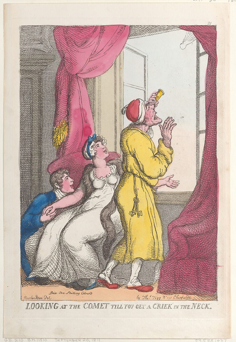 Looking at the Comet till You Get a Crick in the Neck, Thomas Rowlandson (British, London 1757–1827 London), Hand-colored etching