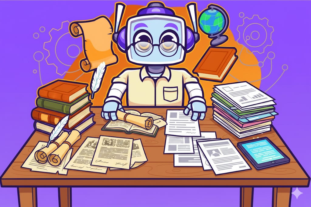 A cartoon robot NeuralBuddy character named Atlas, wearing glasses, sits at a desk, meticulously arranging ancient-looking scrolls and historical documents on one side, and stacks of modern research papers with a tablet on the other. The background features a blend of purple and orange from the character's color scheme, with subtle gear outlines.