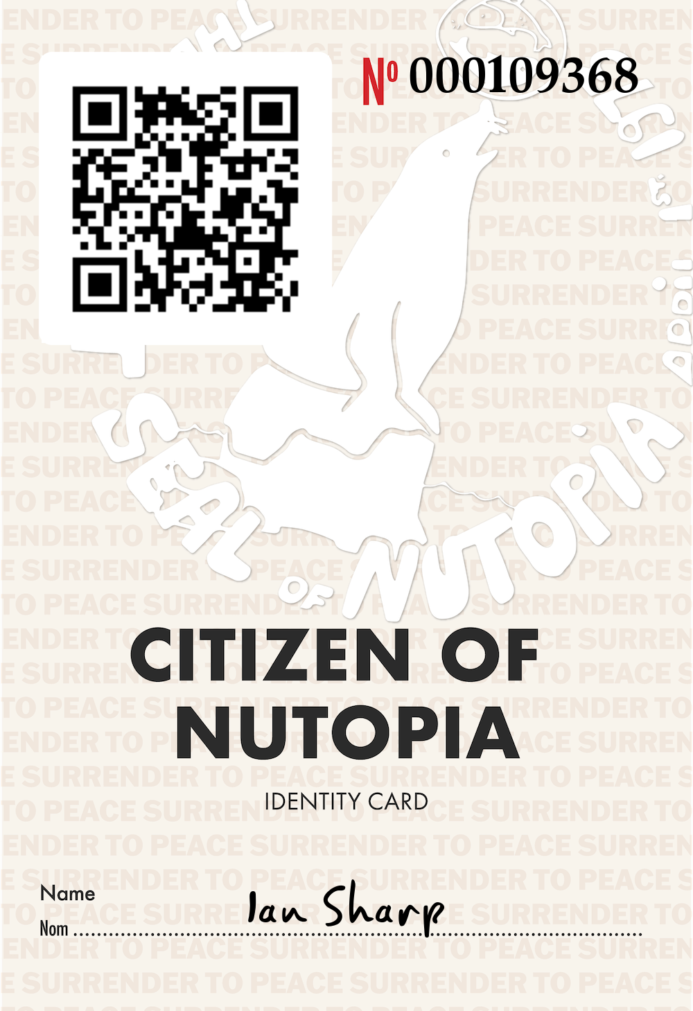 Nutopian Citizenship Card registered to Ian Sharp Nutopian Citizenship Card registered to Ian Sharp