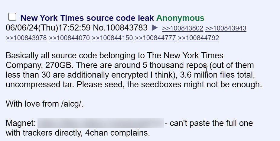 Leak of New York Times source code on 4chan