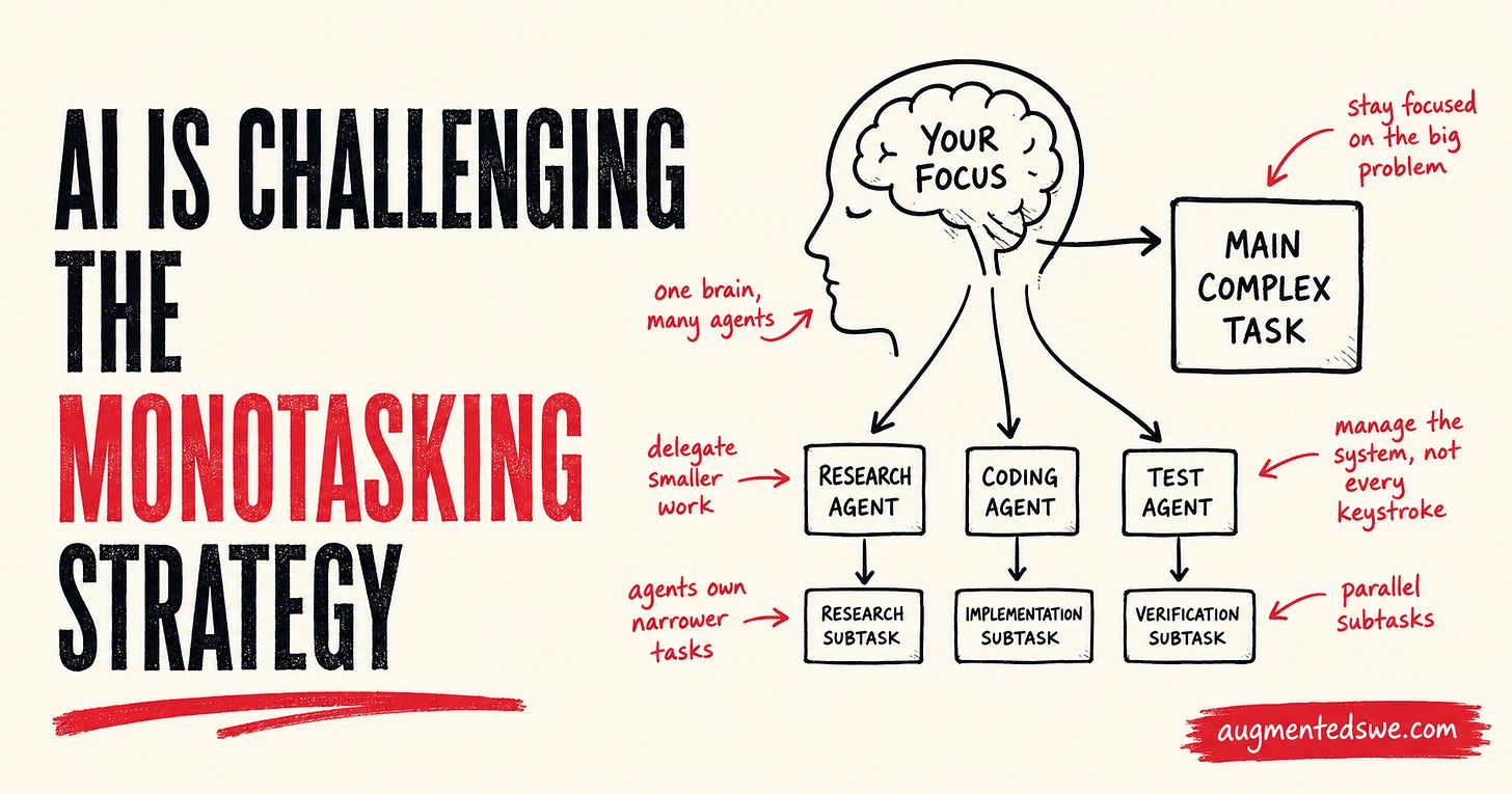 Diagram explaining how to use AI to stay focused but also manage parallel agents that work on different tasks Diagram explaining how to use AI to stay focused but also manage parallel agents that work on different tasks