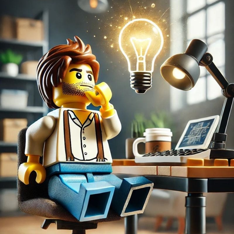 A stylized digital illustration of a LEGO figurine designed as a thoughtful, bearded man with brown hair, wearing a white shirt with suspenders. He sits on an office chair at a desk with a laptop, coffee cup, and desk lamp. A glowing lightbulb floats above his head, symbolizing an idea. The background depicts a modern office setting with shelves and warm lighting.