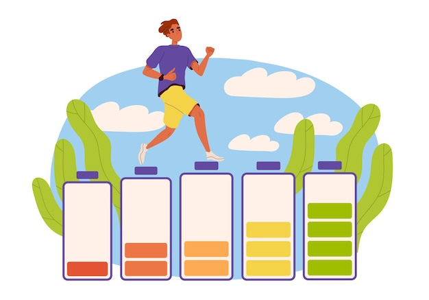 Man charging concept young guy run at batteries to top energetic person active lifestyle and sports