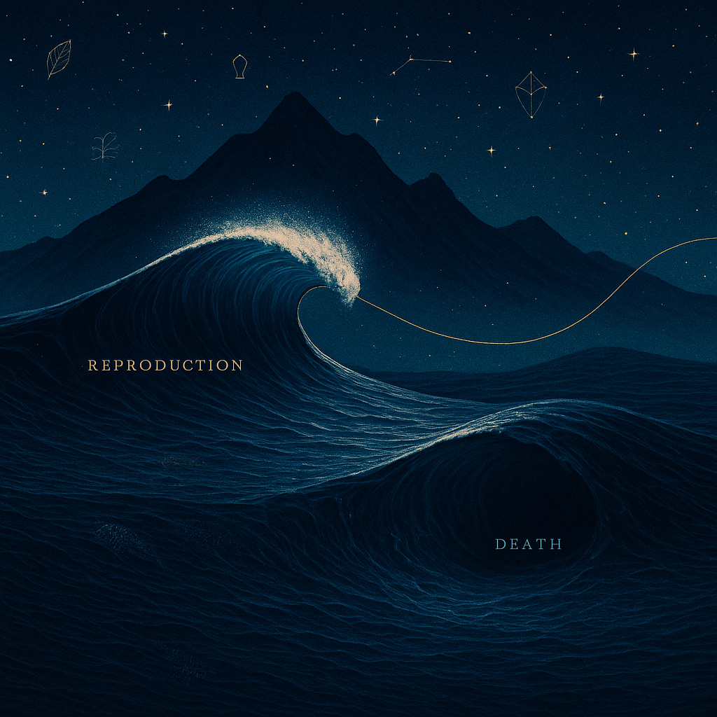 A starry night ocean with fine ripples. Left: a luminous wave crest marked “Reproduction.” Right: a deep glassy trough marked “Death.” A mountain mirrors the crest–trough profile; a faint golden filament stitches sea to sky. Five subtle runes glint above; tiny murmuration, coral, and mycelial motifs hide in the water.