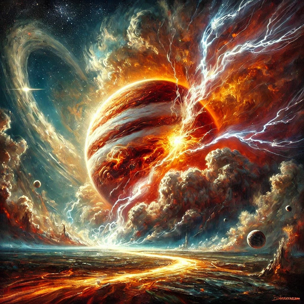 An expressive oil painting depicting the dramatic ejection of Venus from Jupiter, inspired by Velikovsky's theory. The scene shows a colossal, swirling Jupiter with stormy clouds in rich hues of orange, red, and white, while a fiery Venus emerges amidst streams of glowing plasma. The background is a vast, cosmic expanse with stars and a sense of chaos, as smaller celestial bodies and debris scatter. The style is bold and textured, with thick strokes and vibrant colors emphasizing the raw energy and intensity of this cosmic event. The mood is both awe-inspiring and tumultuous.