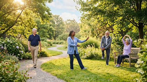 Older adults exercising outdoors. Older adults exercising outdoors.
