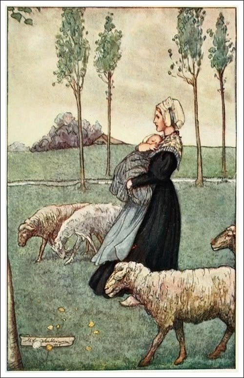This may contain: an illustration of a woman holding a child in her arms as sheep graze nearby