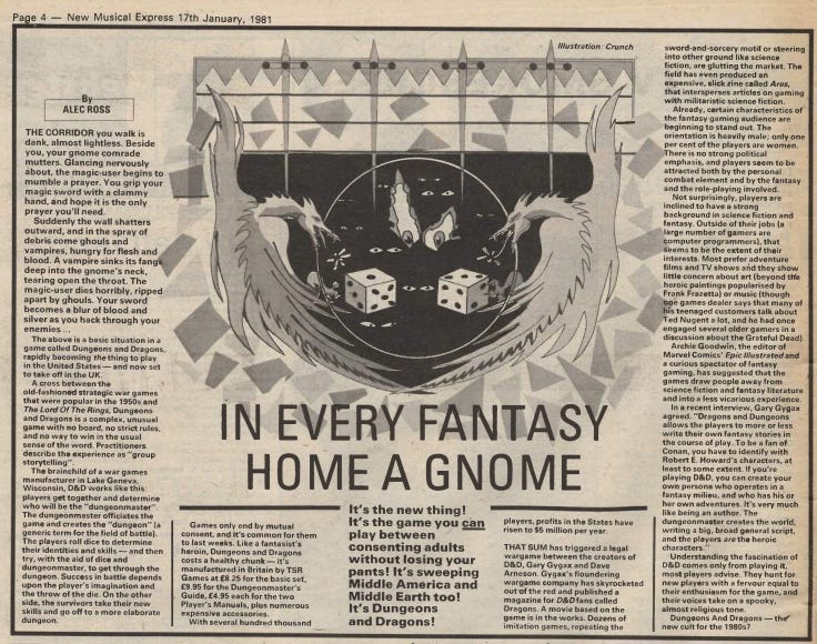 A picture of part of a page from New Musical Express 17th January, 1981. It shows an article with a headline of "In Every Fantasy Home A Gnome." It has a bolded excerpt that reads "It's the new thing! It's the game you can play between consenting adults without losing your pants! It's sweeping Middle America and Middle Earth too! It's Dungeon and Dragons!" There is also an illustration that shows two six sided dice and a couple of dragon/phoenix looking creatures and a bunch of floating eyes.