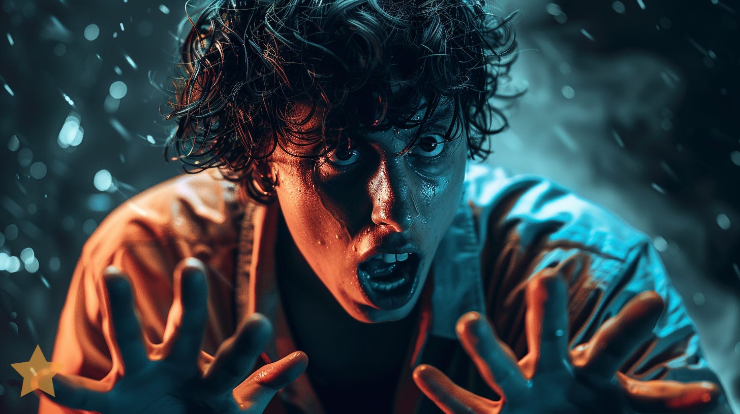 Image prompt: a highly detailed, dramatic photo of a person explaining how bad AI is while displaying an intense expression of fear and dread. The image should focus on the subject’s gestures, using a shallow depth of field to blur the background. The lighting should be low-key, with a single light source creating strong shadows and highlights to enhance the dramatic effect. The overall image should have a high contrast black and white look, simulating the texture and grain of Ilford HP5 Plus film. Add a moderate to heavy grain effect to emphasize the gritty and intense mood of the scene. Photo taken with Hasselblad X1D, colors of burnt orange and air superiority blue --cref https://s.mj.run/XL-8PGC9MR4 --cw 100 --style raw --no airplanes cameras --ar 16:9