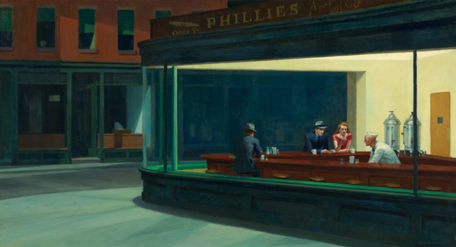 Oil on canvas, view from a desolated street looking in at 3 lonely diners Oil on canvas, view from a desolated street looking in at 3 lonely diners