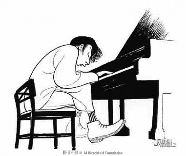 An illustration of a man hunched over a piano. It's a caricature of the unusual posture of the pianist Glenn Gould.