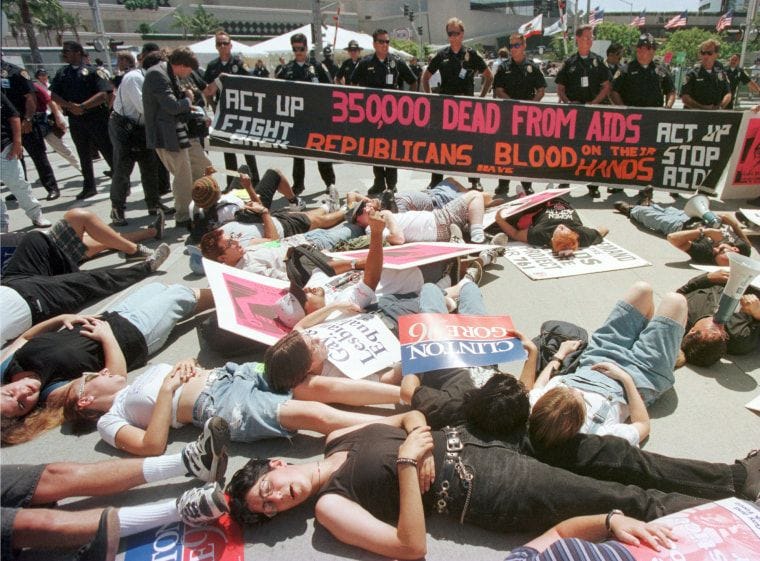 Members of ACT UP stage a protest on Aug. 13, 1996, in San Diego against GOP policies on AIDS awareness and gay rights.