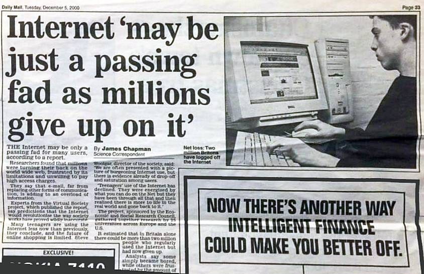 Vintage newspaper clipping dismissing the internet as a passing fad