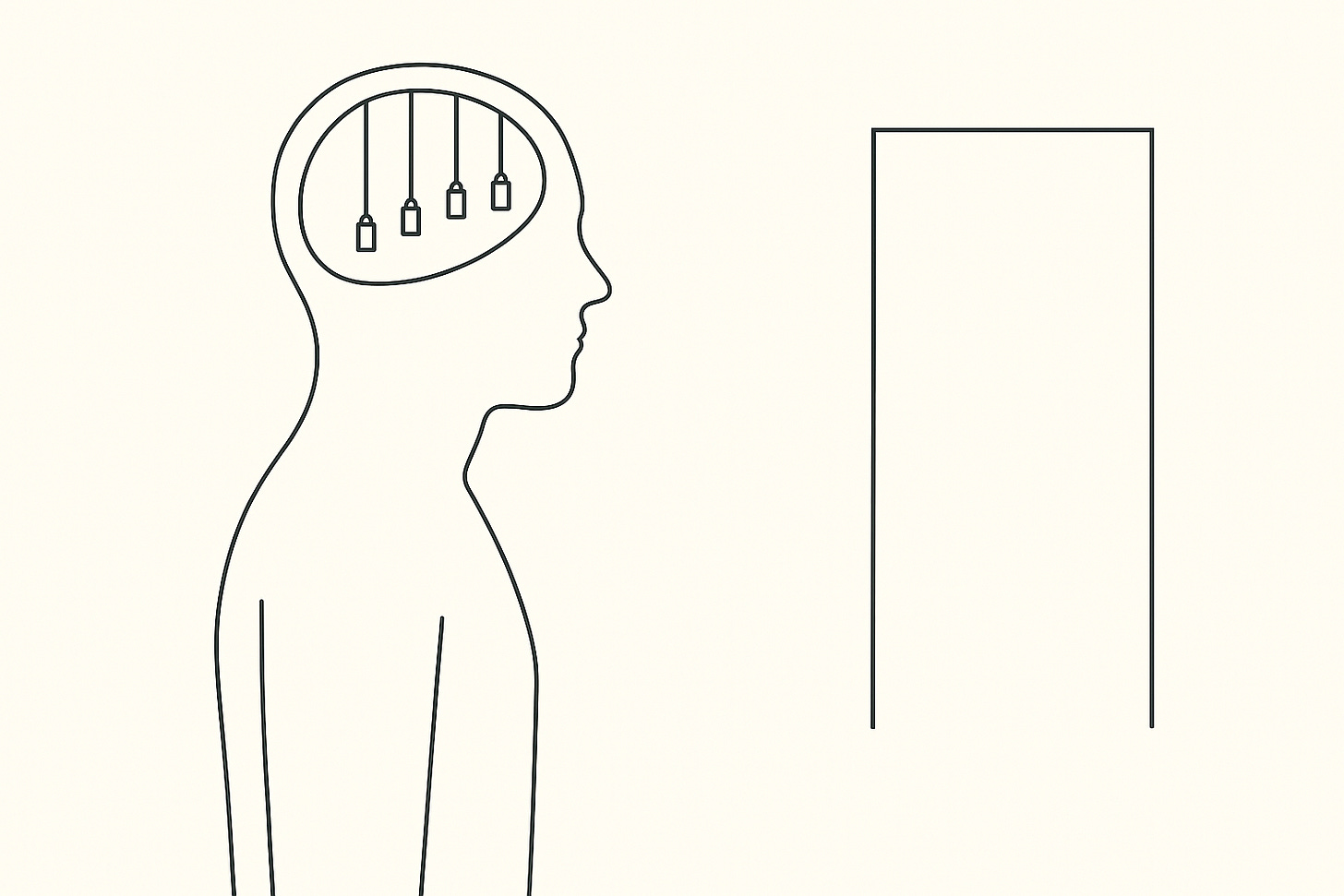A single featureless human figure shown in profile from the waist up, facing right, against a cream background. The head interior is visible in cross-section, containing five small cylindrical weights hanging on thin strings from the top of the skull. To the right, an open doorway is suggested by three simple lines forming a rectangular threshold. The figure faces the doorway without touching it. Minimalist line art throughout.