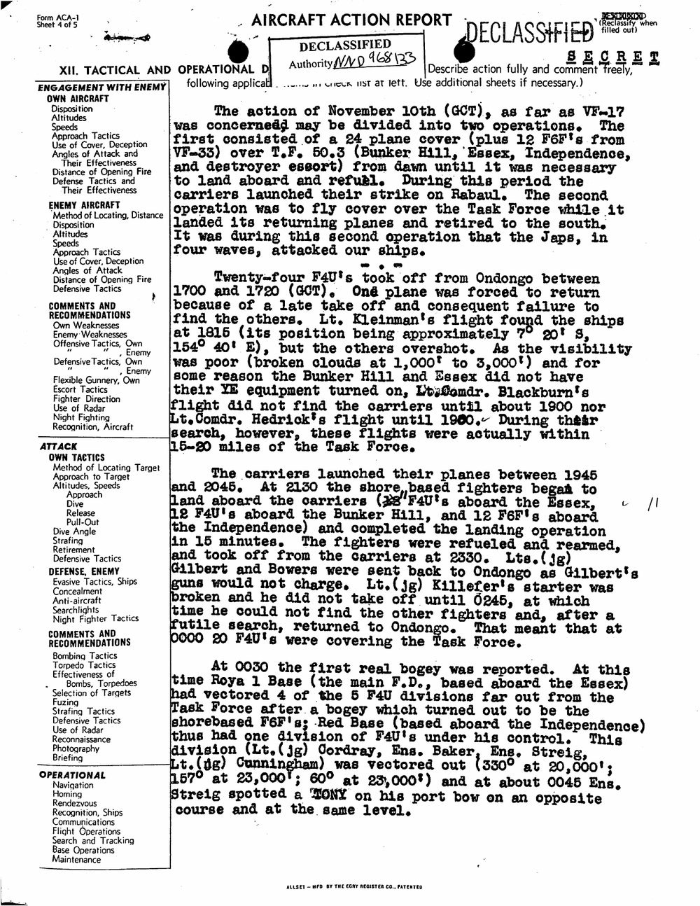 First page of Section XII, Tactical and Operational Data, opening narrative of the November 10 action First page of Section XII, Tactical and Operational Data, opening narrative of the November 10 action