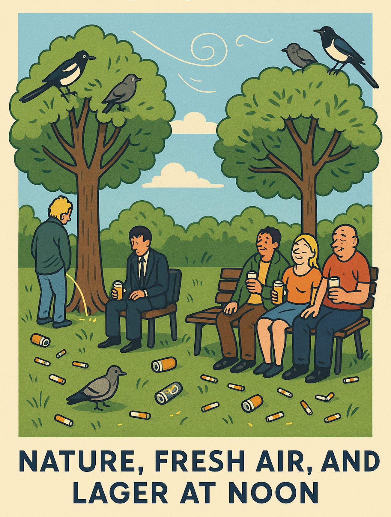 Poster of a sunny park in Stockholm littered with cans and cigarette butts; people day-drinking on benches; magpies and pigeons watching.