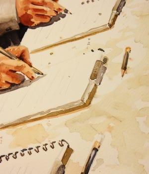 vintage watercolor illustration of a corporate presentation slide with business phrases while attendees take notes in notebooks vintage watercolor illustration of a corporate presentation slide with business phrases while attendees take notes in notebooks