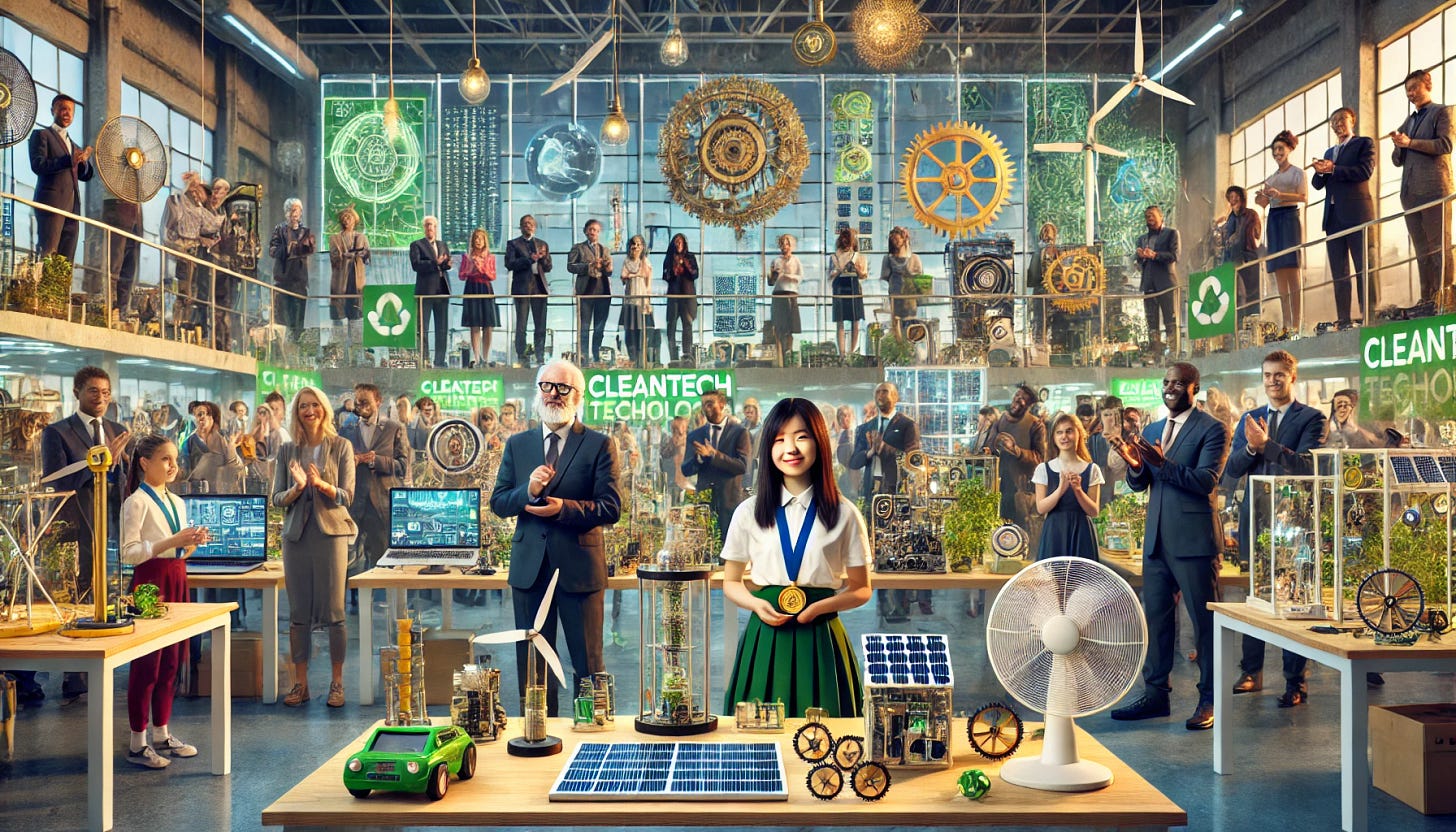 A vibrant and bustling room filled with diverse inventors showcasing their cleantech gadgets. The inventors, a mix of men and women of various ethnicities and ages, proudly present innovative devices like solar-powered machines, wind turbines, and water purification systems. In the center, a judge stands, smiling and awarding medals to the top inventions. The room has a futuristic yet eco-friendly atmosphere, with banners and posters promoting green technology. The judge is holding a medal and congratulating a young female inventor with a solar panel model.