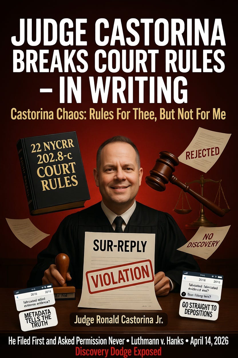 Judge Castorina Breaks Court Rules: Rogue Judge files unauthorized sur-reply, sparks scandal as Luthmann demands discovery.
