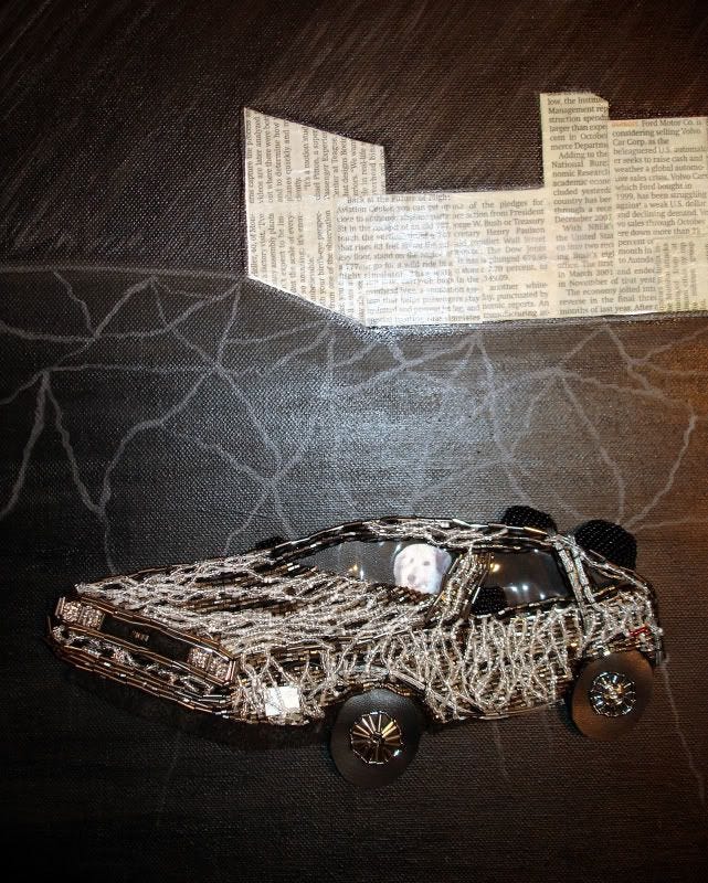 beaded Back to the Future pop art painting Boston Globe newspaper collage US car industry economy beaded Back to the Future pop art painting Boston Globe newspaper collage US car industry economy
