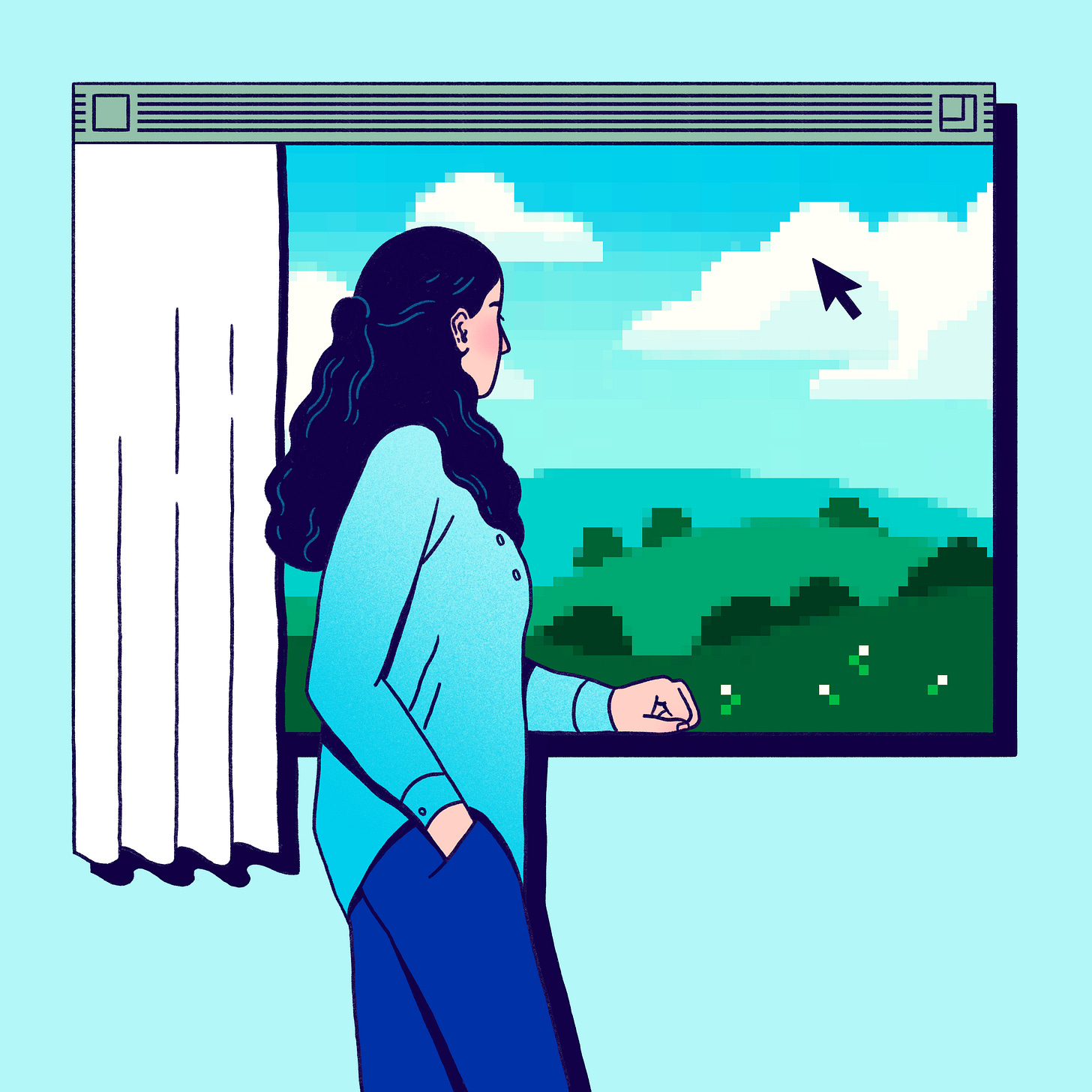 Illustration of woman looking out a window at a pixelated landscape Illustration of woman looking out a window at a pixelated landscape