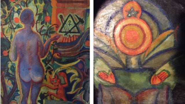 The dangers of occult societies (left) and the pacifying unity of religions (right) at the Portmoneum. Photos by Massimo Introvigne.