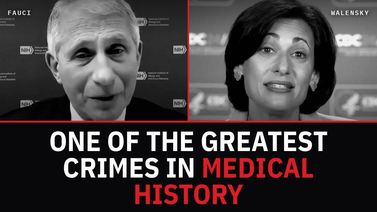 Black-and-white portraits of Fauci and Walensky above documentary evidence headline