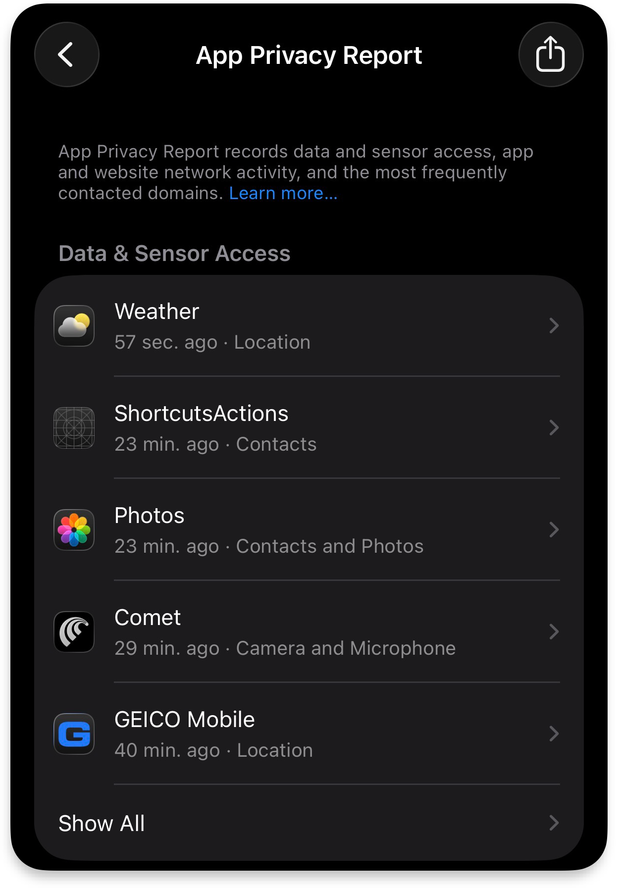 iPhone App Privacy Report screen showing recent data and sensor access by apps including Comet using camera and microphone permissions