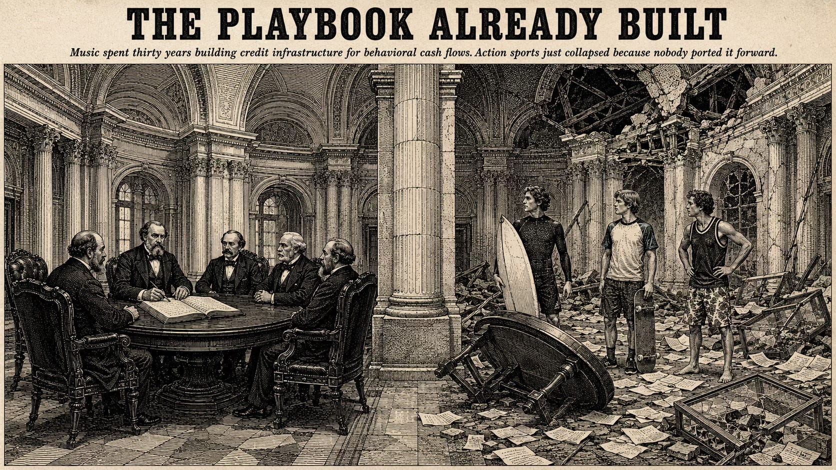 Wood-engraving editorial illustration in the Thomas Nast Harper's Weekly style for Attention Capital's essay The Playbook Already Built. The image shows a grand 19th-century banking chamber split symmetrically by a central stone column. On the left half, five formally dressed bankers sit in orderly committee around a bound ledger inside intact classical architecture. On the right half, the equivalent table is overturned, papers scatter, and three displaced action sports athletes stand among the debris while the architecture overhead has begun to collapse. The visual argument: the music catalog credit infrastructure is fully built and operating, while the parallel architecture for action sports brand operators has not yet been constructed and athletes are absorbing the loss. Keywords: music catalog ABS, action sports credit, behavioral cash flow, athlete equity, private credit infrastructure.