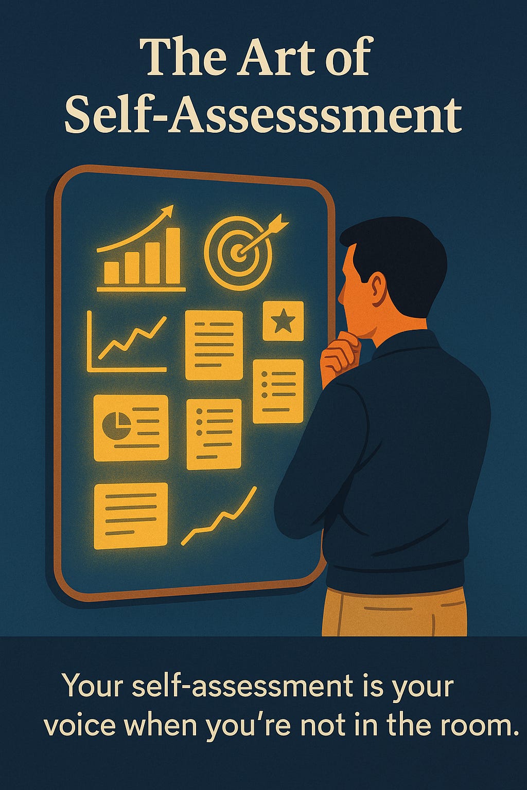 A digital illustration of a man standing in front of a glowing board, deeply contemplating his career achievements. The board reflects key symbols of professional success: charts, graphs, feedback notes, and project milestones. The person’s figure is shown in a thoughtful pose, while the board’s content appears vibrant in golden yellow tones, representing clarity and impact. A digital illustration of a man standing in front of a glowing board, deeply contemplating his career achievements. The board reflects key symbols of professional success: charts, graphs, feedback notes, and project milestones. The person’s figure is shown in a thoughtful pose, while the board’s content appears vibrant in golden yellow tones, representing clarity and impact.