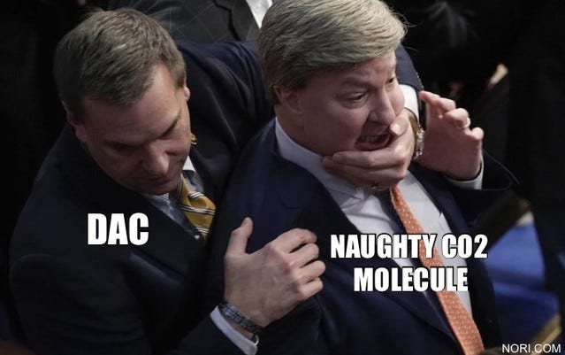 Photo of one congressman restraining another by the face during a scuffle. The restrainer is labelled "DAC", the other "Naughty CO2 molecule".