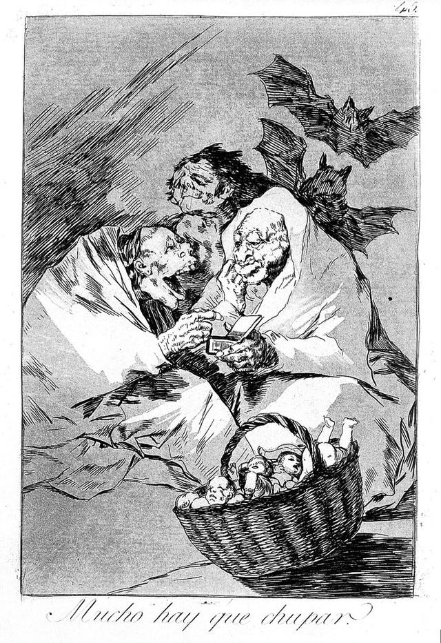 Three old hags surround a basket of new-born babies with bats in the distance. Etching by F. Goya, 1796/98. Three old hags surround a basket of new-born babies with bats in the distance. Etching by F. Goya, 1796/98.