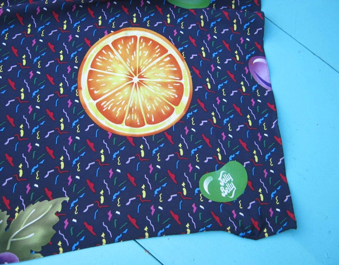 Silk Jelly Belly Advertising Scarf Jelly Beans & Fruit in Cobalt/Purple/Lime/Orange/Red Strawberry/Orange/Grape Print image 3