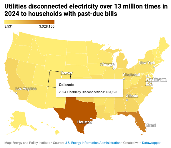 Map showing electricity shutoffs across the country in 2024 (Credit: Energy and Policy Institute)