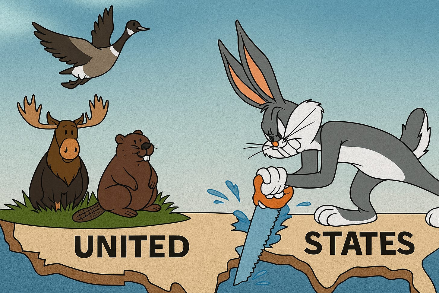 Bugs Bunny feverishly saws the United States away from Canada—under the watchful eyes of a moose, a beaver, and a very unimpressed Canada goose. #ElbowsUp in cartoon form. Bugs Bunny feverishly saws the United States away from Canada—under the watchful eyes of a moose, a beaver, and a very unimpressed Canada goose. #ElbowsUp in cartoon form.