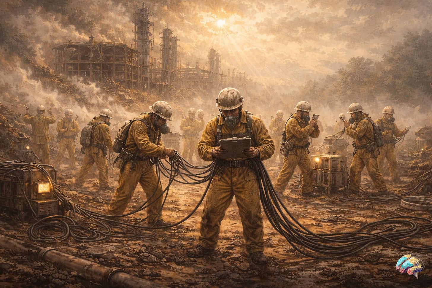 Workers in protective gear move in coordinated rhythm across a damaged industrial site, laying heavy cables amid debris and smoke, each focused on their task as part of a larger system.