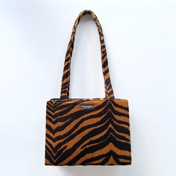 Vintage 1990s Kate Spade Faux Fur Velveteen Tiger / Zebra Print Shoulder Bag - Picture 1 of 16