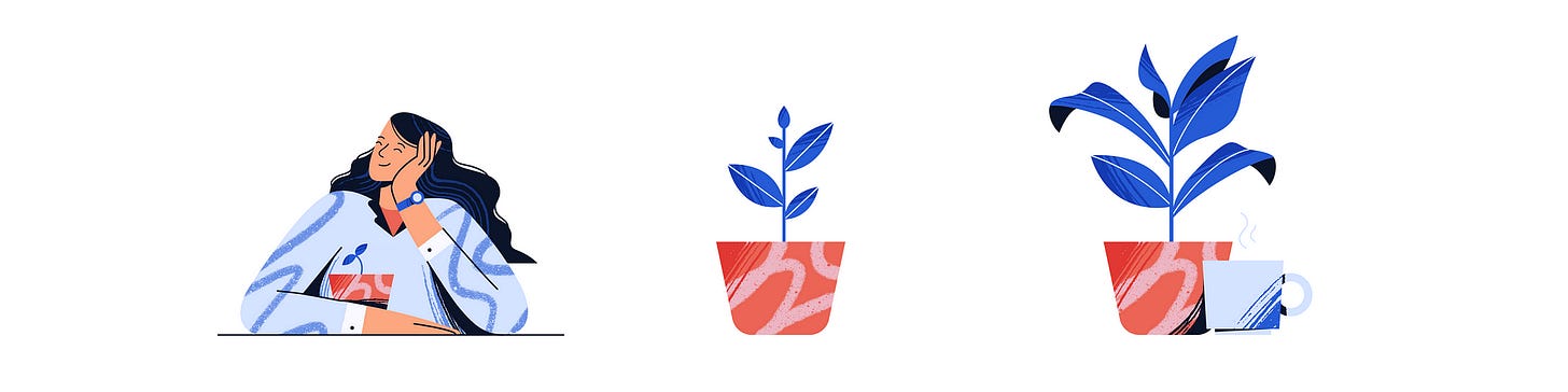 Character keeping a plant on the left, small growing plant on the middle, and a large growing plant and a cup on the right, on a white background