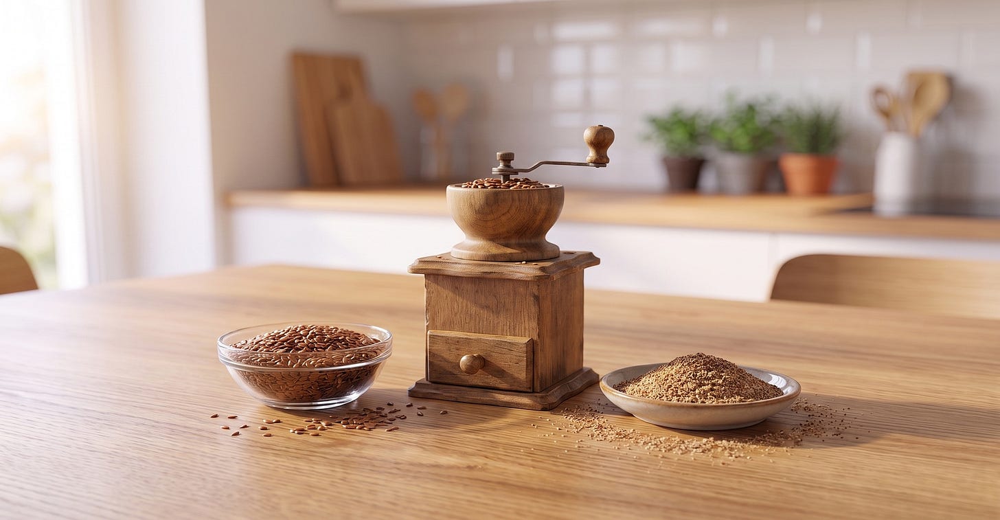 Ganze Leinsamen, eine hölzerne Handmühle und frisch gemahlenes Leinsamenschrot