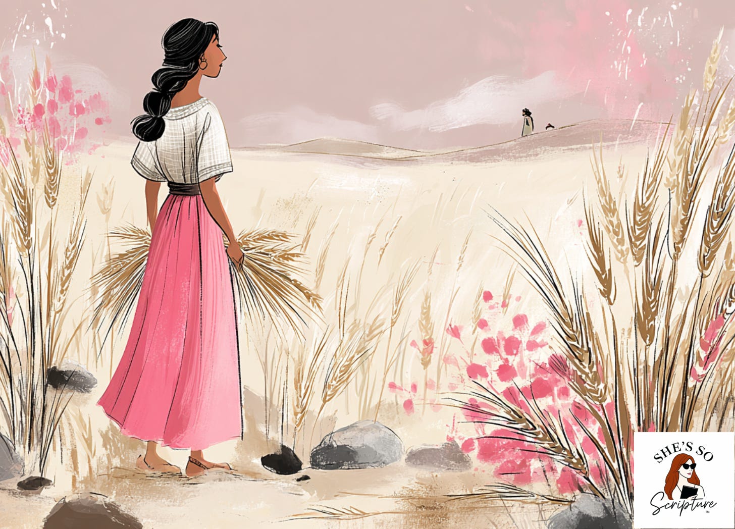 Illustrated ancient woman gleaning grain in a golden barley field at dusk, evoking the biblical story of Ruth and Boaz in chapter two. Illustrated ancient woman gleaning grain in a golden barley field at dusk, evoking the biblical story of Ruth and Boaz in chapter two.