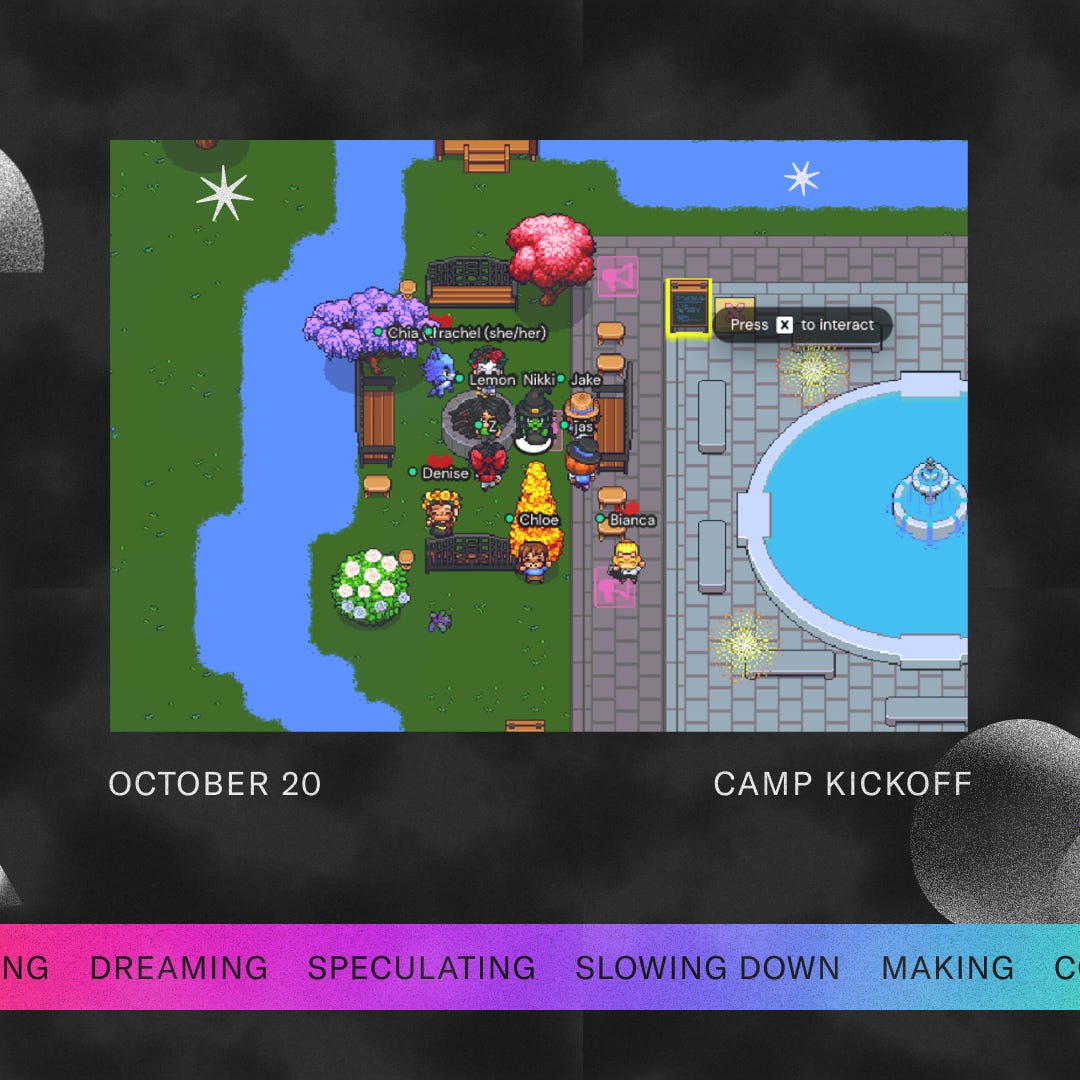 May be a cartoon of text that says 'Press 1 interact Bianca OCTOBER 20 CAMP CAMPKICKFF KICKOFF NG DREAMING SPECULATING SLOWING DOWN MAKING'