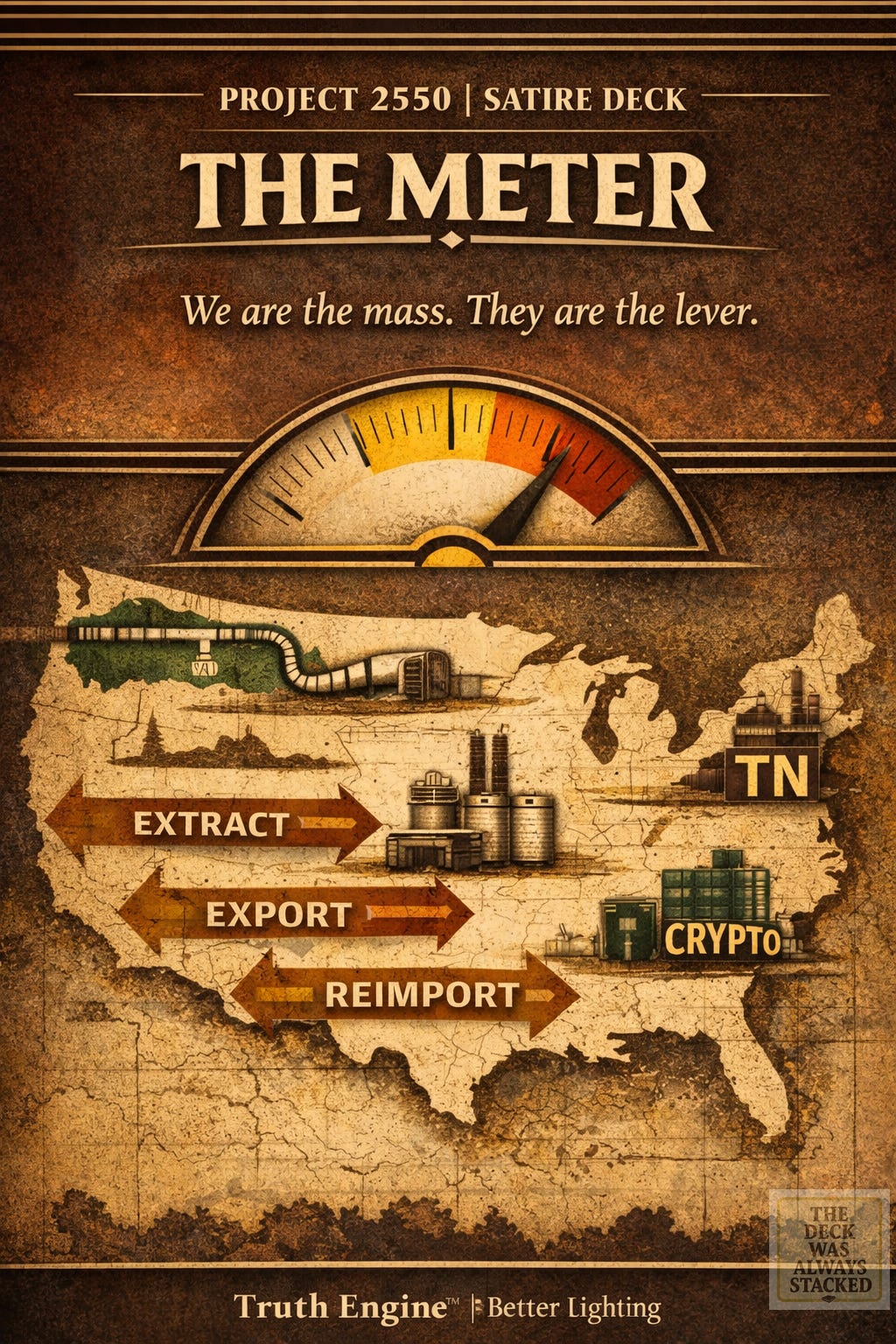 Title: THE METER Header: PROJECT 2550 | SATIRE DECK Main Title: THE METER Caption: We are the mass. They are the lever. Visual Direction: Stylized industrial U.S. map. Icons: Boundary Waters glow in Currency Green. Alaska pipeline silhouette. Tennessee methane tanks. Crypto mining warehouse icon. Arrows labeled: Extract → Export → Reimport. Subtle overlay of a gold analog meter gauge at 75%. Color Structure: Map: Off-White parchment tone. Industrial overlays: Ledger Brown. Flow arrows: Orchard Gold. Meter needle: Currency Green. Title: THE METER Header: PROJECT 2550 | SATIRE DECK Main Title: THE METER Caption: We are the mass. They are the lever. Visual Direction: Stylized industrial U.S. map. Icons: Boundary Waters glow in Currency Green. Alaska pipeline silhouette. Tennessee methane tanks. Crypto mining warehouse icon. Arrows labeled: Extract → Export → Reimport. Subtle overlay of a gold analog meter gauge at 75%. Color Structure: Map: Off-White parchment tone. Industrial overlays: Ledger Brown. Flow arrows: Orchard Gold. Meter needle: Currency Green.