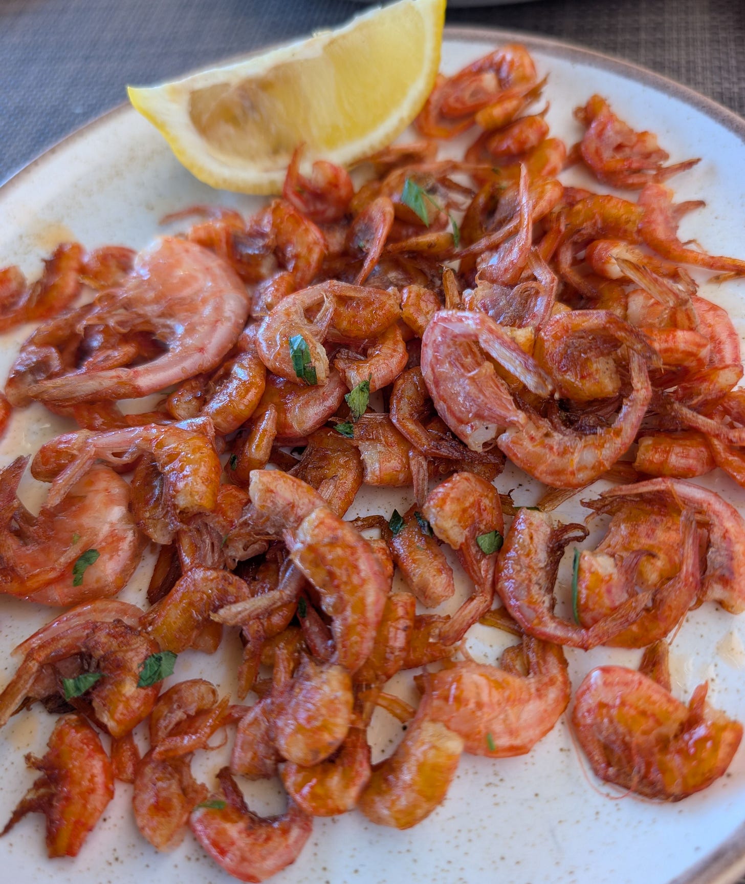 Symi shrimps as served at Kali Strata restaurant.