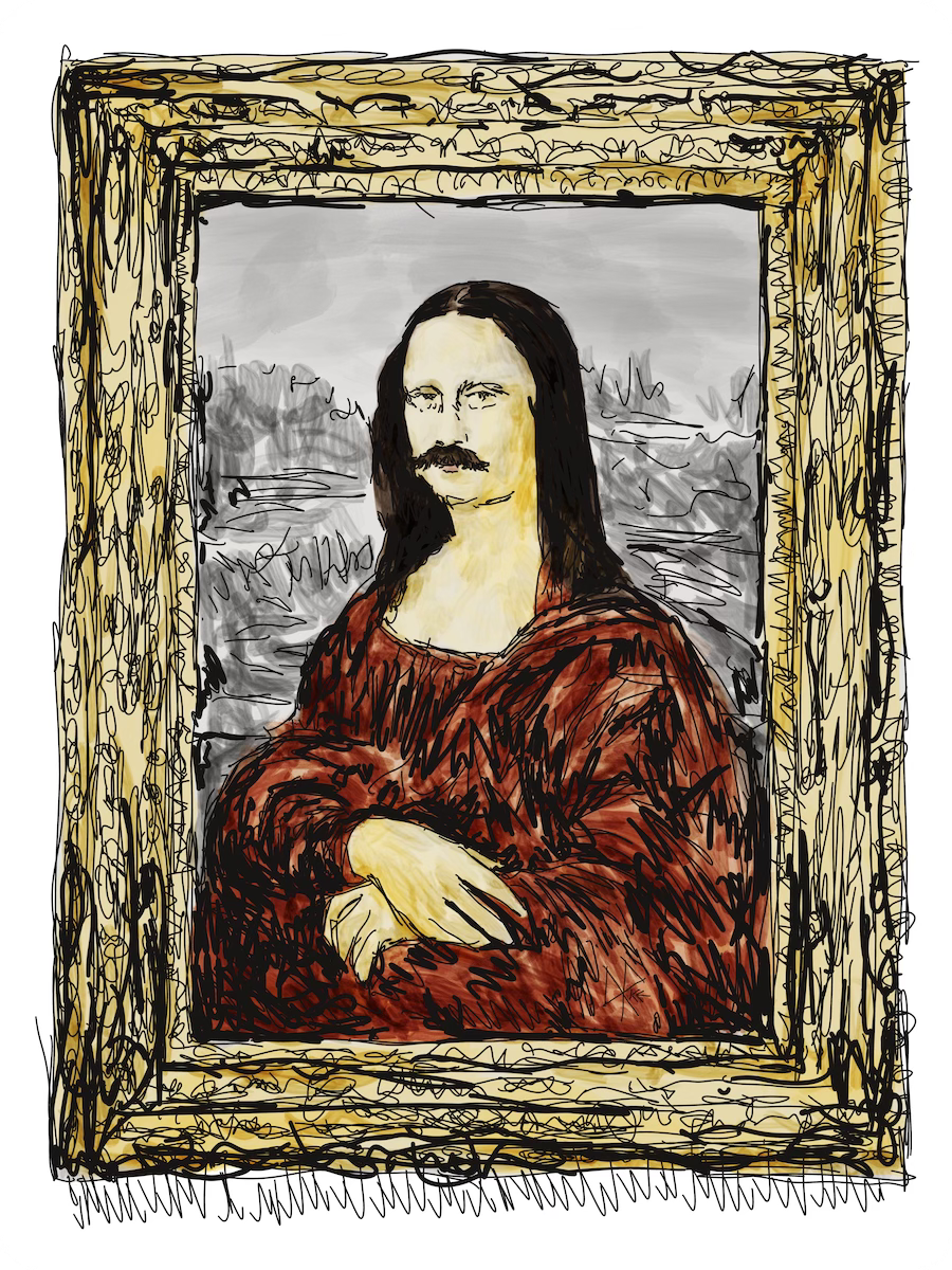 A cartoon of Leonardo da Vinci’s painting of the Mona Lisa, sporting a bushy moustache. Sketch art by Don Rice.