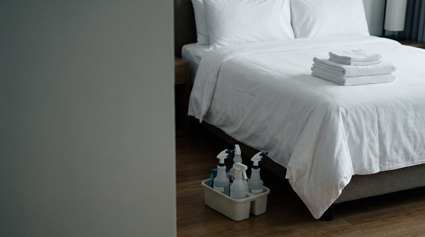 A freshly made bed in a bright rental bedroom with a stack of folded white towels, a cleaning caddy with spray bottles on the floor. A freshly made bed in a bright rental bedroom with a stack of folded white towels, a cleaning caddy with spray bottles on the floor.