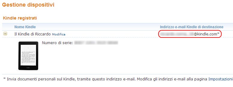 Schermata indirizzo mail del Kindle Schermata indirizzo mail del Kindle