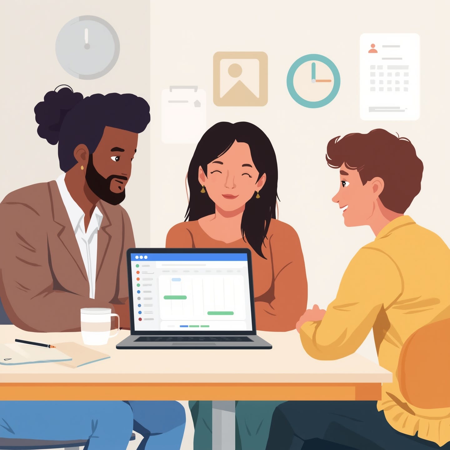 A realistic digital illustration of a parent-teacher-student meeting (mentor, parent, and student) at a school. They are sitting around a table with a laptop open, showing a Google Calendar appointment schedule. The atmosphere is professional yet warm and welcoming. Use bright, clear colors, modern flat design style, and include subtle calendar icons or time slots in the background.