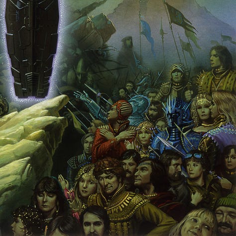 LEFT: Detail from THE ADVERSARY featuring a black metal sarcophagus crackling with purple energy as it hovers mid air. In the background left, creatures of all variety gather while on the right a cast of humans congregate. The human wardrobe varies from rich cloth to humble robes to blue spiked armor. CENTER: Creature detail from THE ADVERSARY featuring monsters, including a spider, lizard-man, and a rat-faced humanoid. Foremost among them is a creature with long birdlike beak. Three cords dangle from its thin forelimb, which ends in an insectile claw. The emblems hanging there feature the copyright symbol, the artists sigil—a stylized M and W combined within a circle—and the date 84. RIGHT: Background detail from THE ADVERSARY featuring a cast of dozens of humans that includes a young Alexa flashing dimples at the bottom edge of the panel. Audrey is mixed into the crowd behind an arrogant man with golden circlet in his red hair, who is decked out in golden jacket.