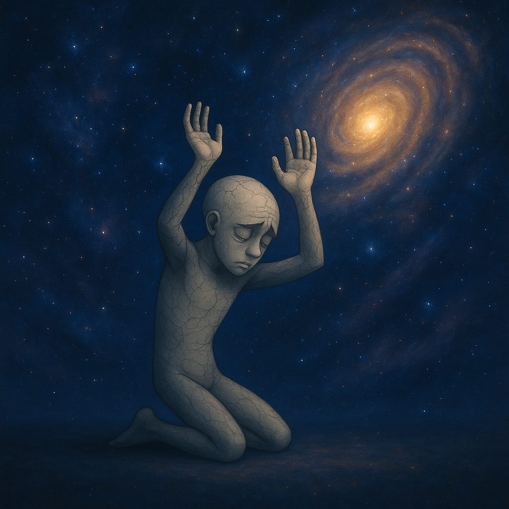 A weary grey figure stands on cracked, barren ground, bowing its head in submission as golden chains coil softly around its body. In the distance, a glowing portal reveals a lush, vibrant world of light, trees, and color—just out of reach. The scene captures the essence of Adaptive Yielding: trading inner freedom and vitality for conditional safety within a distorted system.
